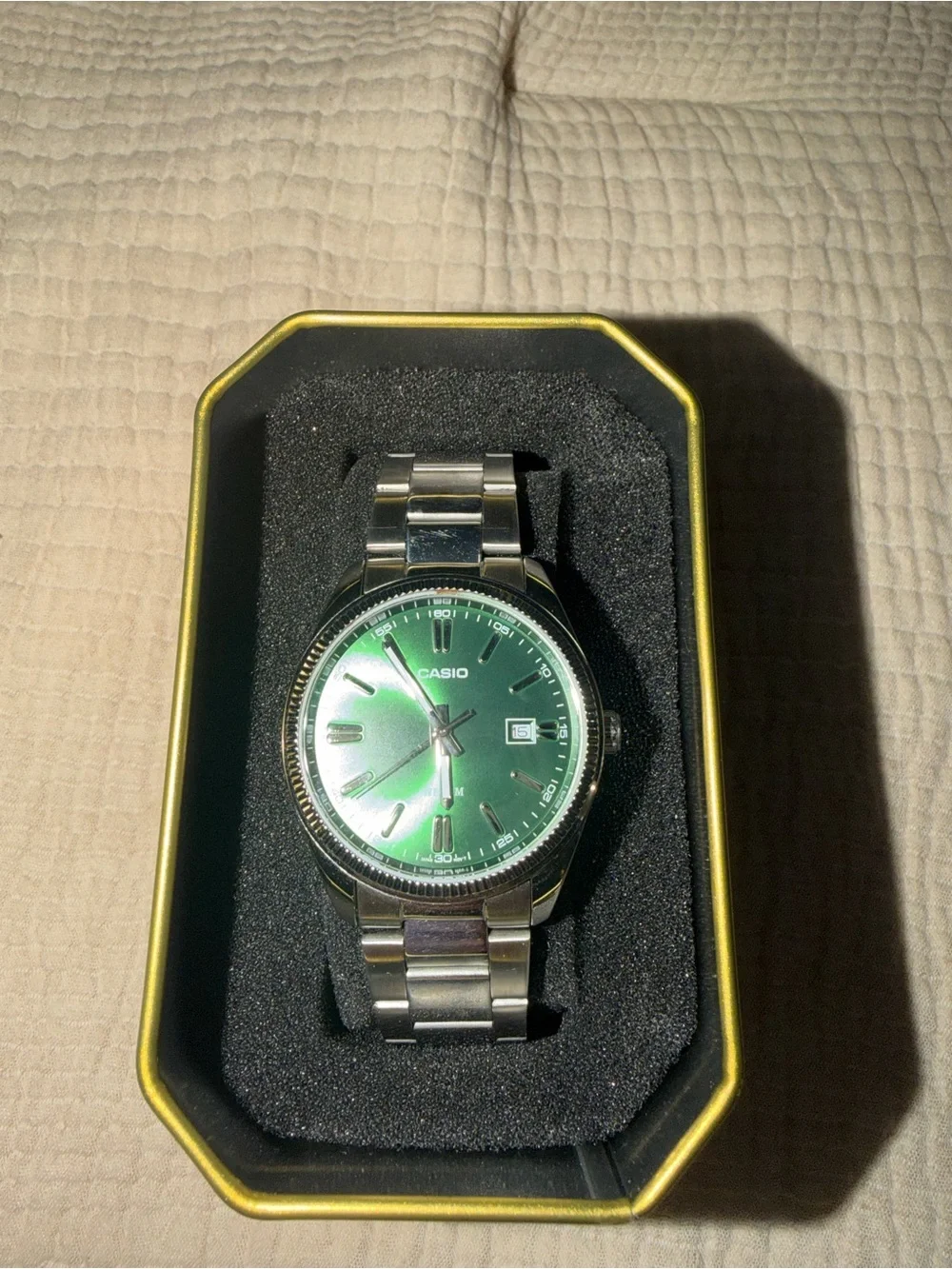 Casio Silver Men's Watch with Green Sunburst Dial